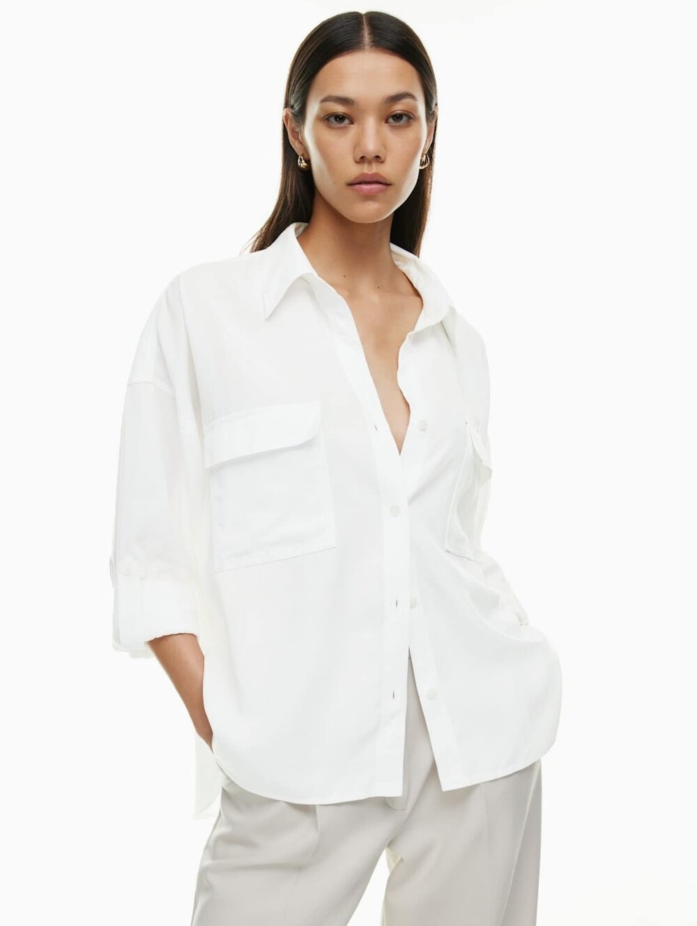 Aritzia Babaton Utility Relaxed White Button-Down Shirt with Patch Pockets